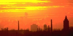Sunset over industrial landscape, Cologne, NRW
